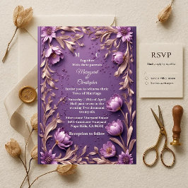 Luxury Baroque Opulent Purple Tulips Gold Wedding  招待状