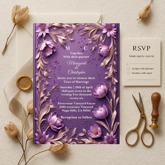 Luxury Baroque Opulent Purple Tulips Gold Wedding 招待状