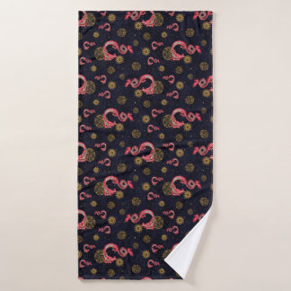 Luxury Bath Towel with Red Chinese Dragons & Gold バスタオル