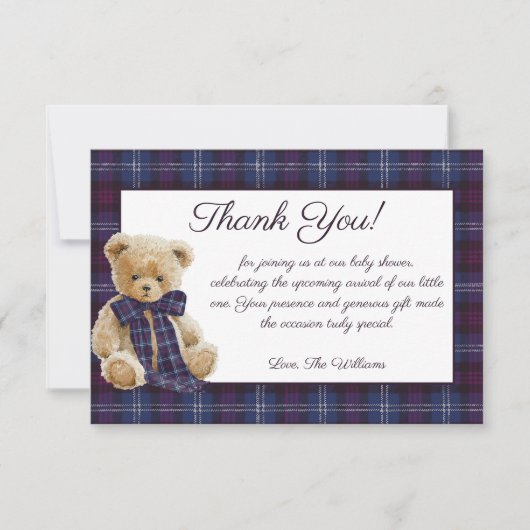 Luxury Bear Plaid Bow Baby Shower  サンキューカード (正面)