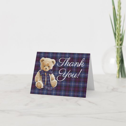 Luxury Bear Plaid Bow Baby Shower  サンキューカード (正面)