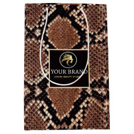 Luxury Beauty Salon Brand Brown Snake Skin ミディアムペーパーバッグ