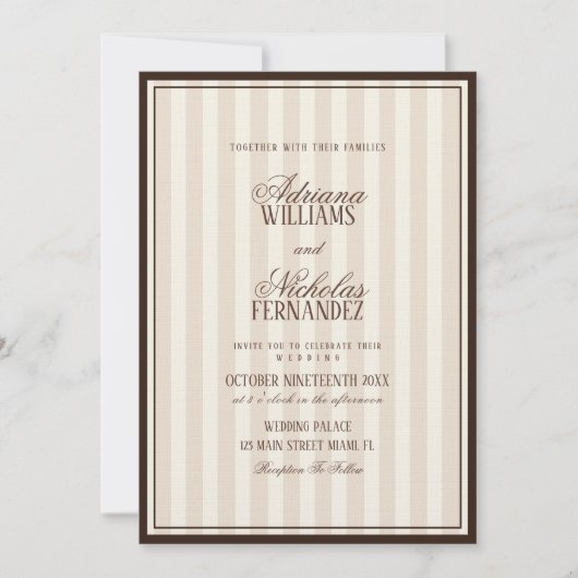 Luxury Beige Espresso Stripes Wedding 招待状 (正面)