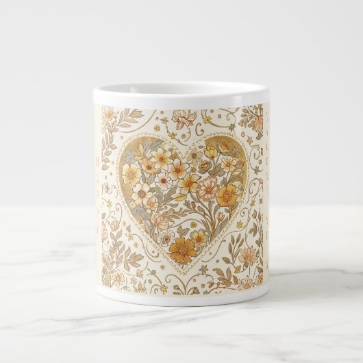 Luxury, , Beigi Gold Yellow ,Love Heart Flowers ジャンボコーヒーマグカップ (正面)