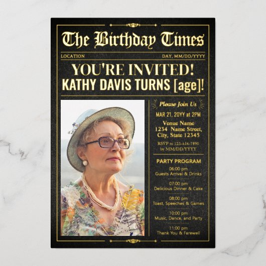 Luxury Birthday Newspaper Invite Program Foil Card 箔招待状 (正面)