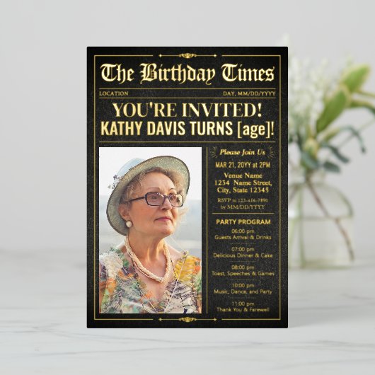 Luxury Birthday Newspaper Invite Program Foil Card 箔招待状 (立ち正面)