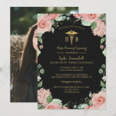 Luxury Black and Gold Floral Nursing Graduation In 招待状 (正面/裏面)