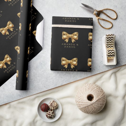 Luxury Black and Gold  Golden Bow Wedding  ラッピングペーパー (クラフト)