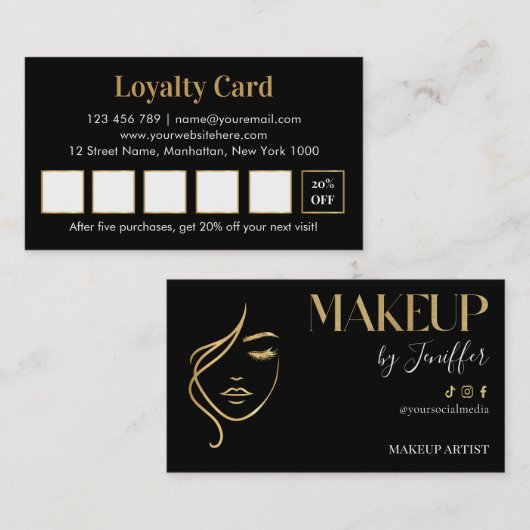 Luxury black and gold makeup artist Loyalty Card ロイヤリティカード (正面/裏面)