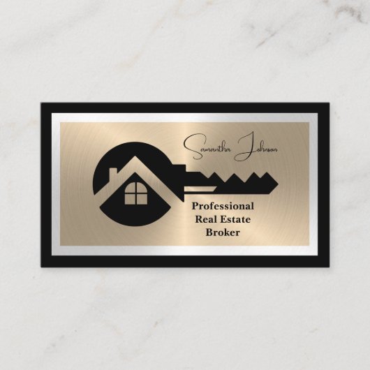 Luxury Black and Gold QR Code Photo Real Estate 名刺 (正面)