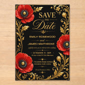 Luxury Black and Gold Red Poppy アクリル招待状 (正面)