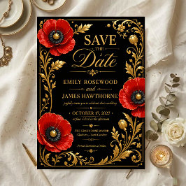 Luxury Black and Gold Red Poppy アクリル招待状