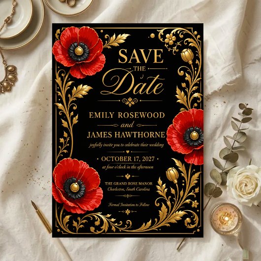 Luxury Black and Gold Red Poppy セーブザデート