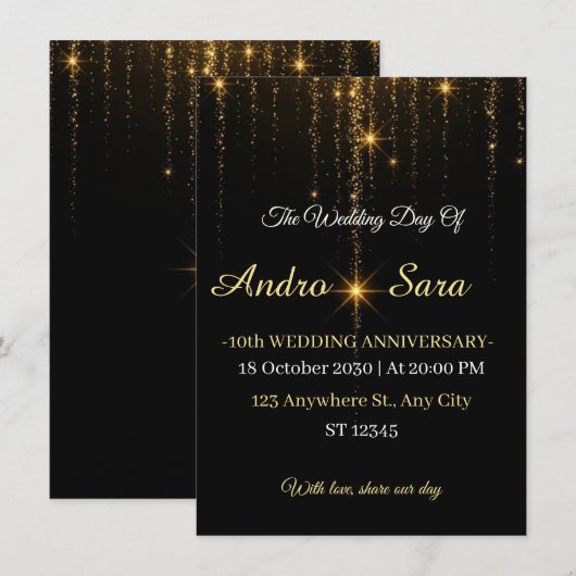 Luxury Black and Gold Wedding Invitation - Elegant (正面/裏面)