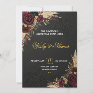 Luxury Black Burgundy & Gold Floral Wedding  招待状
