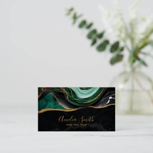 Luxury Black & Emerald Green Marble with Gold 名刺 (スタンド正面)