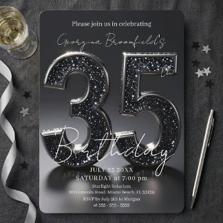 Luxury Black Glitter Silver Sparkle 35th Birthday 招待状
