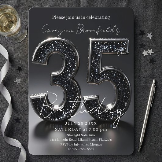 Luxury Black Glitter Silver Sparkle 35th Birthday 招待状