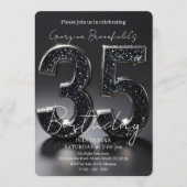 Luxury Black Glitter Silver Sparkle 35th Birthday 招待状 (正面)