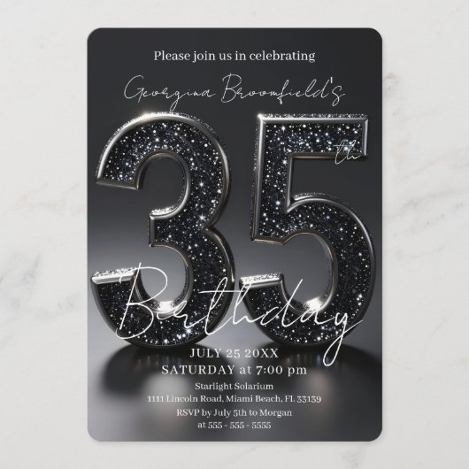 Luxury Black Glitter Silver Sparkle 35th Birthday 招待状 (正面)