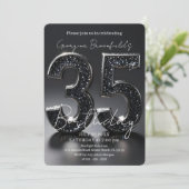 Luxury Black Glitter Silver Sparkle 35th Birthday 招待状 (スタンド正面)