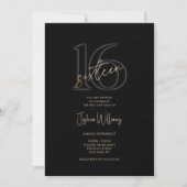 Luxury Black Gold 16th Birthday Invitation 招待状 (正面)