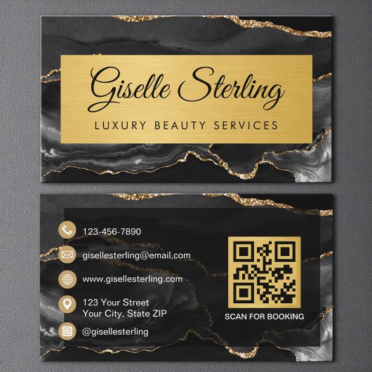 Luxury Black Gold Agate Glitter QR Code 名刺