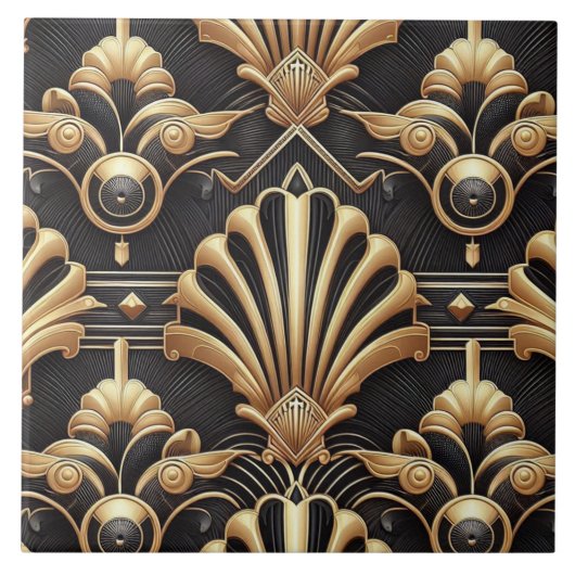 Luxury Black & Gold Art Deco Ceramic Tile  タイル (正面)