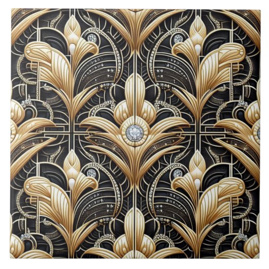 Luxury Black & Gold Art Deco Ceramic Tile  タイル (正面)