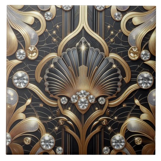 Luxury Black & Gold Art Deco Ceramic Tile  タイル (正面)