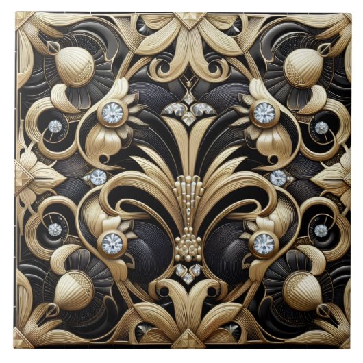 Luxury Black & Gold Art Deco Ceramic Tile  タイル (正面)