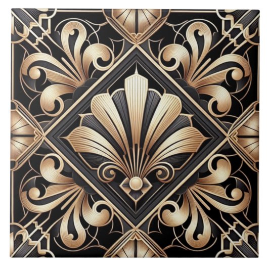 Luxury Black & Gold Art Deco Ceramic Tile  タイル (正面)
