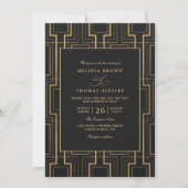 Luxury Black & Gold Art Deco QR Code Wedding 招待状 (正面)