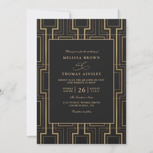 Luxury Black & Gold Art Deco QR Code Wedding 招待状 (正面)