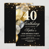 Luxury Black Gold Balloon Glitter Any Age Birthday 招待状 (正面/裏面)