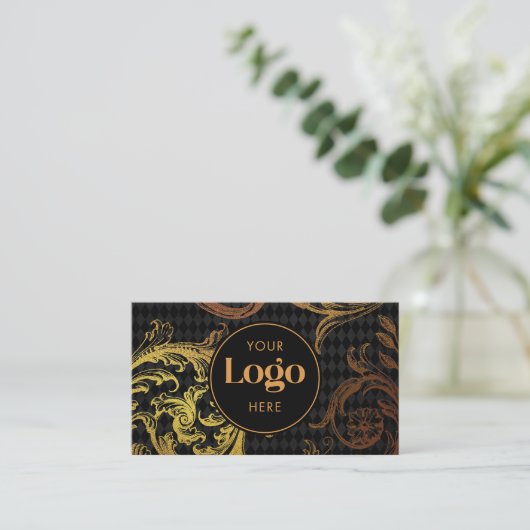 Luxury Black & Gold Baroque Custom Logo QR Code 名刺 (スタンド正面)