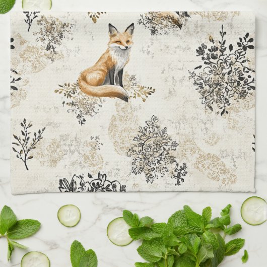 Luxury Black & Gold Botanical Fox Art (1) キッチンタオル (折り畳み)