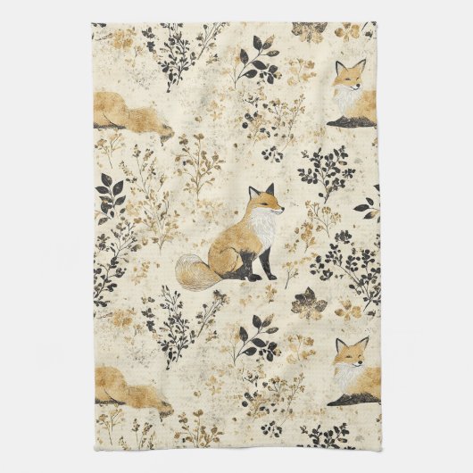 Luxury Black & Gold Botanical Fox Art (2) キッチンタオル (縦)