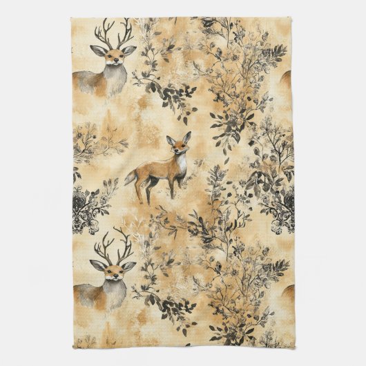 Luxury Black & Gold Botanical Fox Art (5) キッチンタオル (縦)
