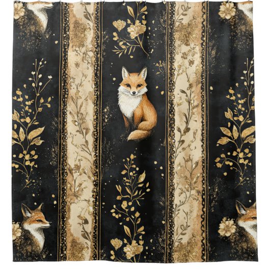 Luxury Black & Gold Botanical Fox Pattern (1) シャワーカーテン (正面)