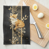 Luxury Black & Gold Botanical Fox Pattern (2) キッチンタオル (四つ折り)