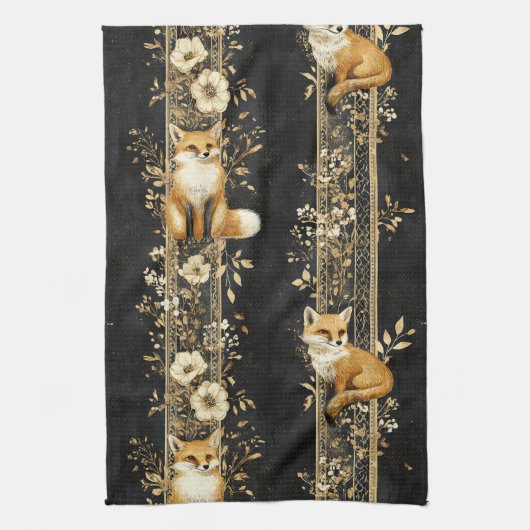Luxury Black & Gold Botanical Fox Pattern (2) キッチンタオル (縦)