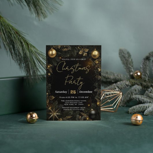 Luxury Black & Gold Christmas Party Invitation 箔招待状