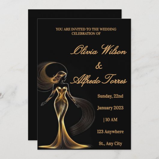 Luxury Black & Gold Elegant Wedding Invitation 招待状 (正面/裏面)