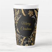 Luxury Black Gold Flowers Pattern, Merry Christmas カフェラテマグ (正面)