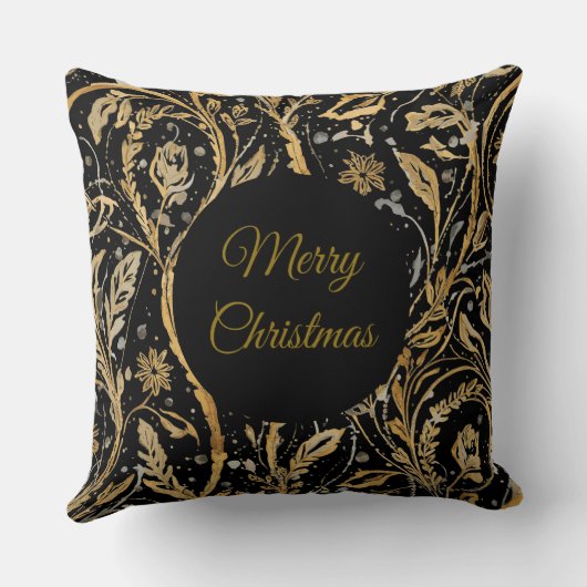 Luxury Black Gold Flowers Pattern, Merry Christmas クッション (裏面)