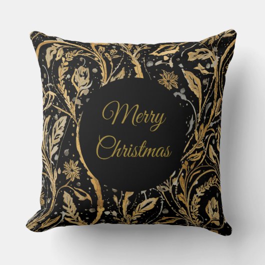 Luxury Black Gold Flowers Pattern, Merry Christmas クッション (正面)
