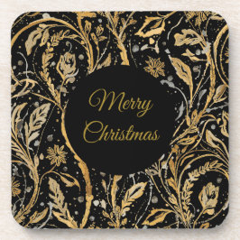 Luxury Black Gold Flowers Pattern, Merry Christmas コースター