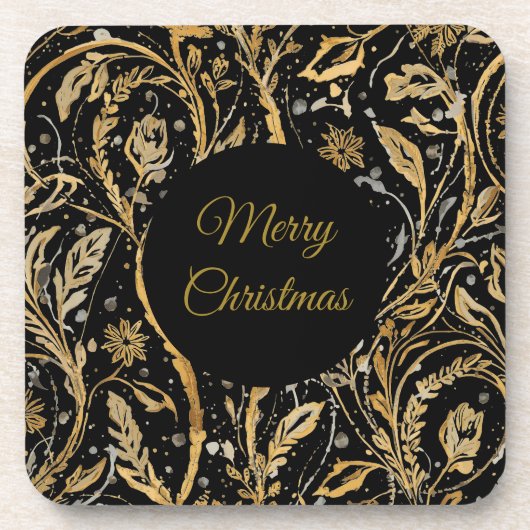 Luxury Black Gold Flowers Pattern, Merry Christmas コースター (正面)