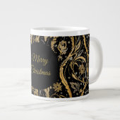 Luxury Black Gold Flowers Pattern, Merry Christmas ジャンボコーヒーマグカップ (正面右)